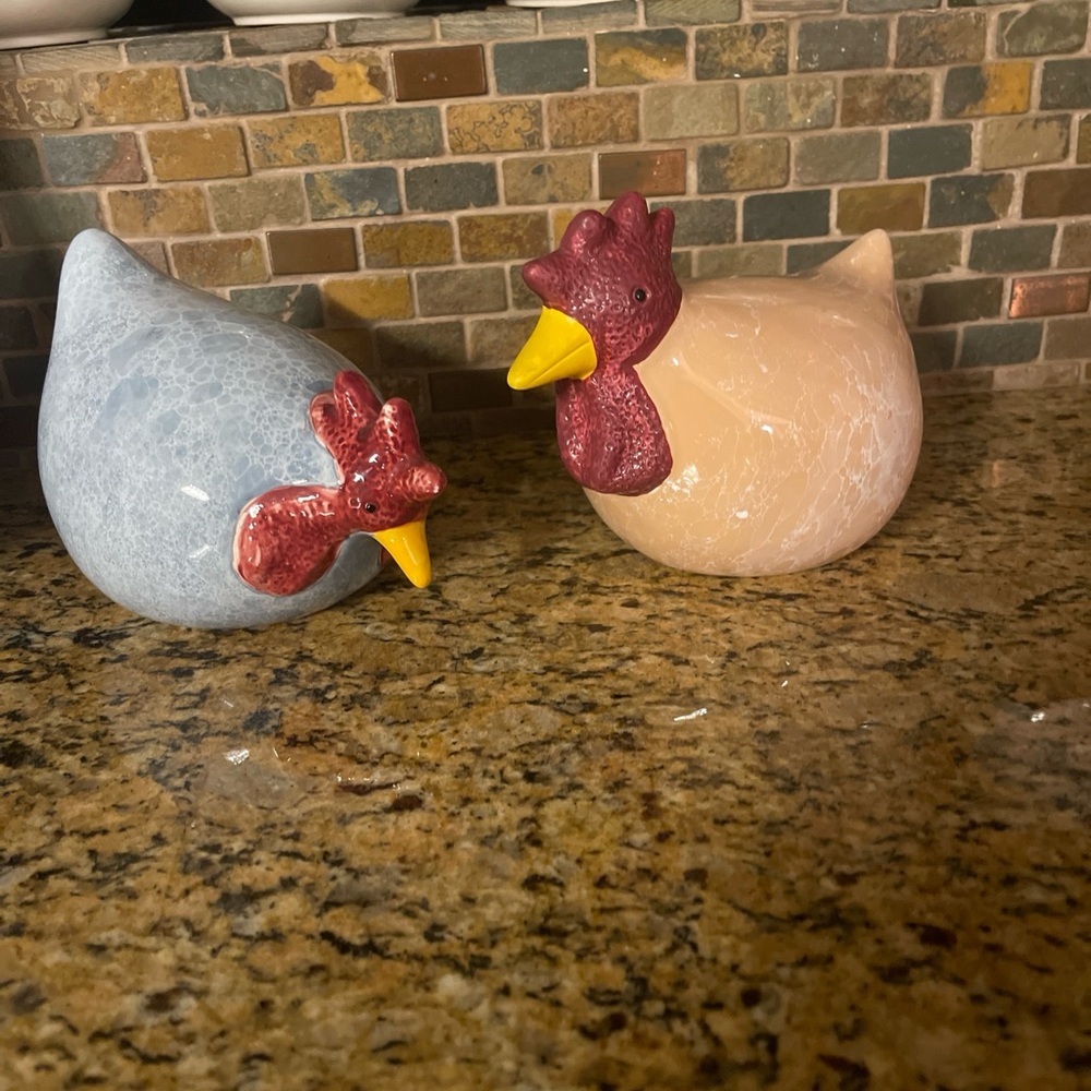 Ceramic chicken figurines - set of (2)  blue glaze and dark beige glaze.